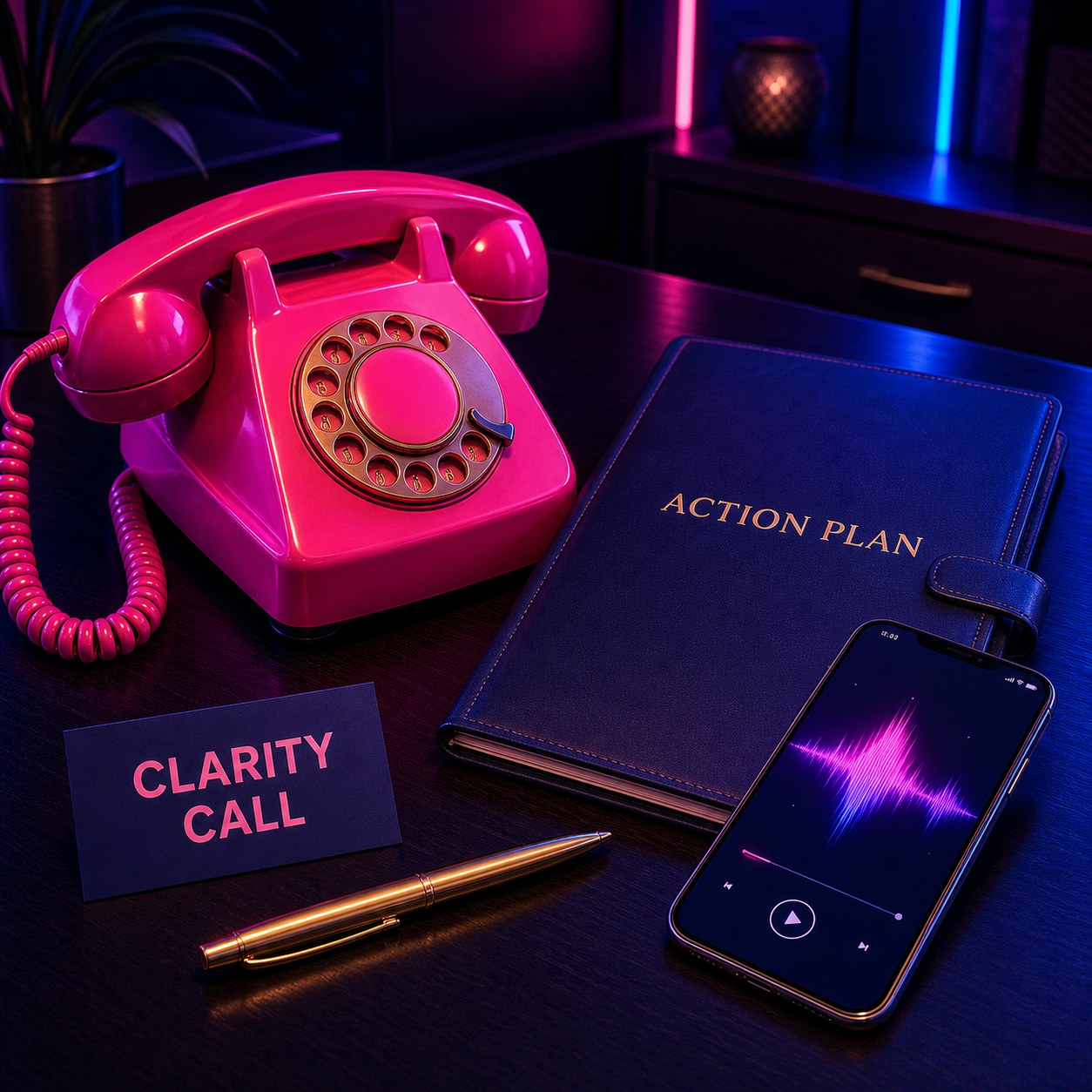 Consulting Karma clarity call phone, action plan, and visualization audio in royal blue, purple, and hot pink.