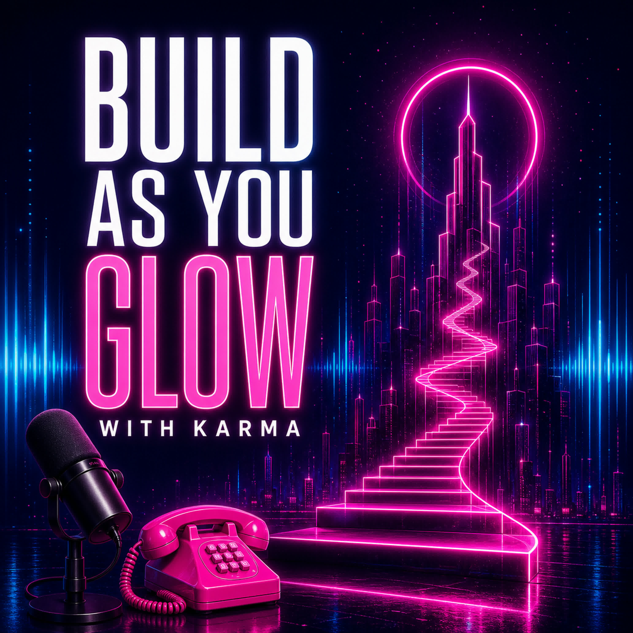 Build As You Glow podcast cover in Consulting Karma's neon pink, purple, and royal blue style