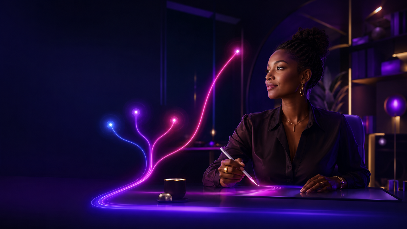 Black woman creating her own neon path forward in a midnight-purple Consulting Karma workspace